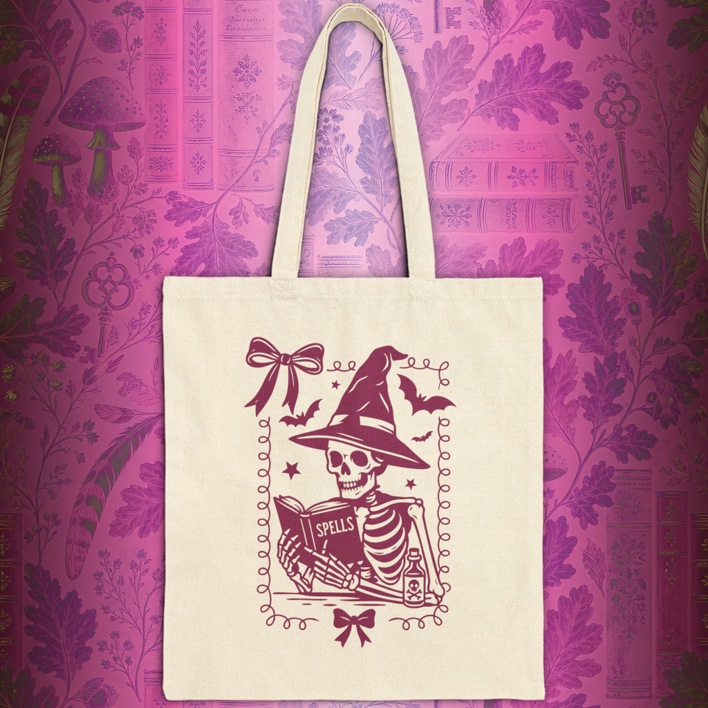 Coquette Reading Witch Skeleton Tote - Cute Goth Canvas Tote