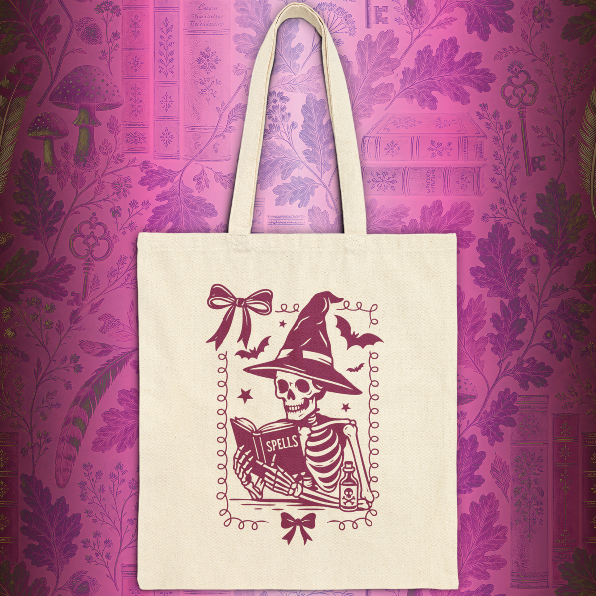 Coquette Reading Witch Skeleton Tote - Cute Goth Canvas Tote