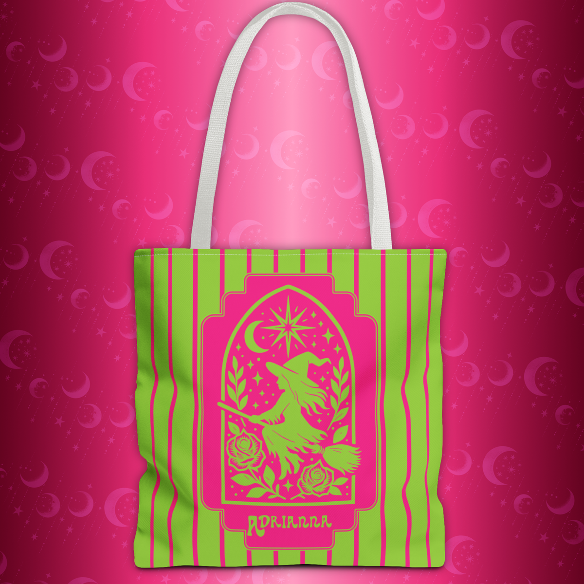 Witch Tarot Tote Bag - Neon Green and Pink Mystic Witch Design