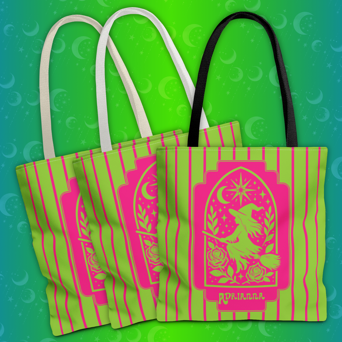 Witch Tarot Tote Bag - Neon Green and Pink Mystic Witch Design