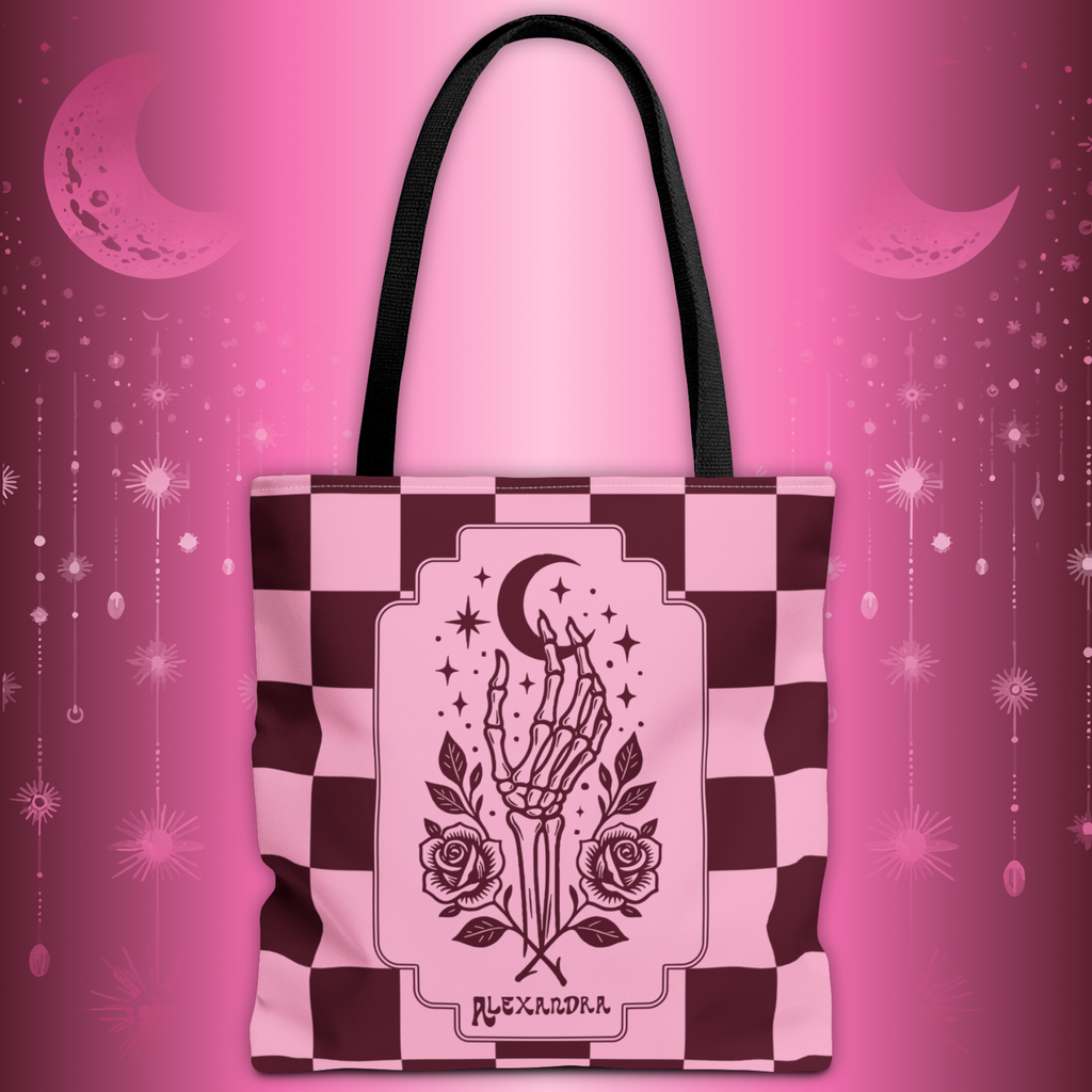 Personalizable Pink Checker Skeletal Hand Tote Bag — Gothic Moon and Roses Carryall
