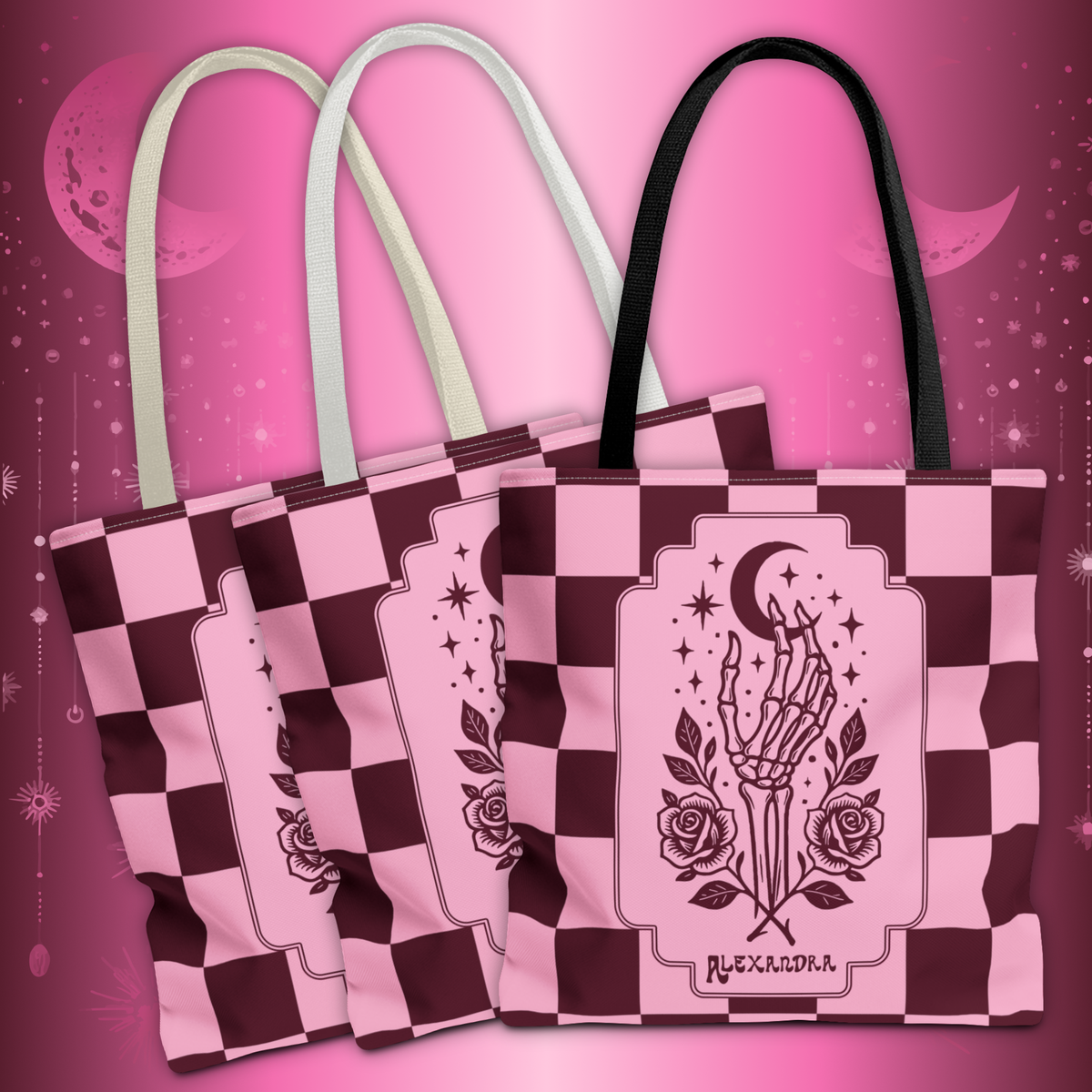 Personalizable Pink Checker Skeletal Hand Tote Bag — Gothic Moon and Roses Carryall