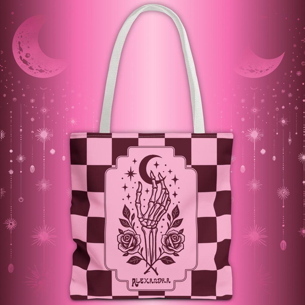 Personalizable Pink Checker Skeletal Hand Tote Bag — Gothic Moon and Roses Carryall