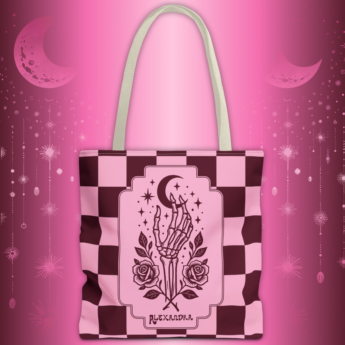 Personalizable Pink Checker Skeletal Hand Tote Bag — Gothic Moon and Roses Carryall