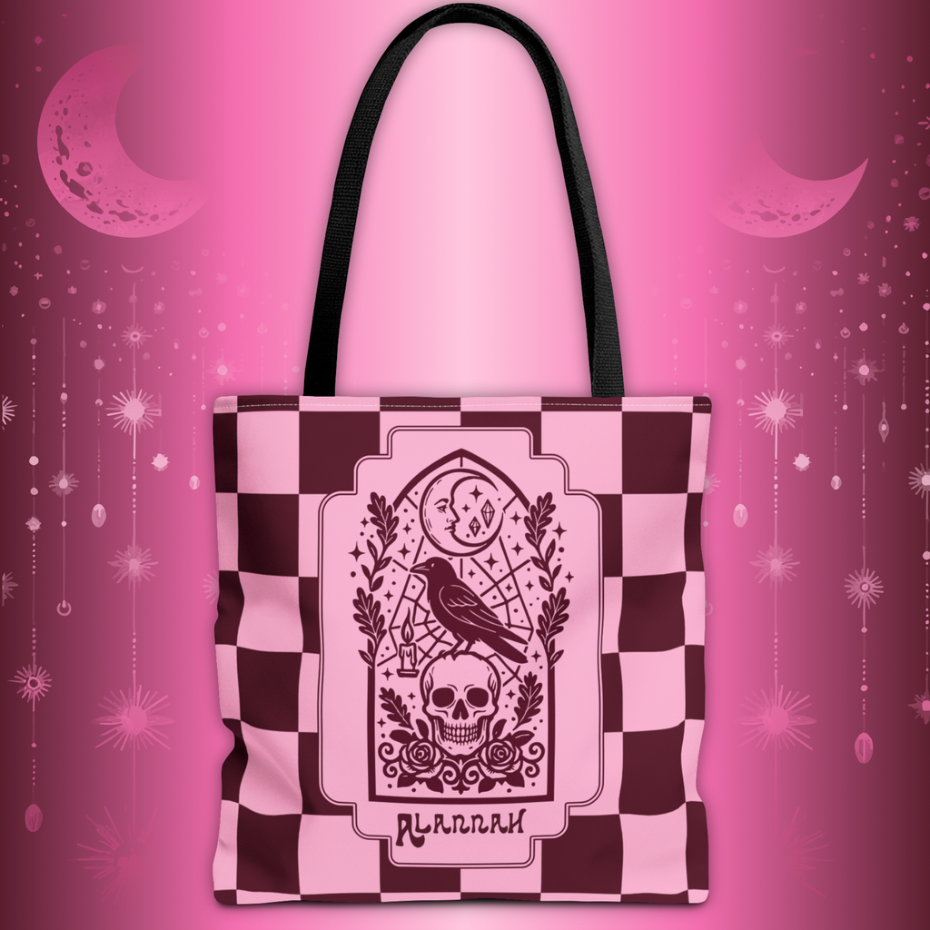 Gothic Raven and Skull Checkerboard Tote Bag - Personalizable Pink Retro Goth Carryall