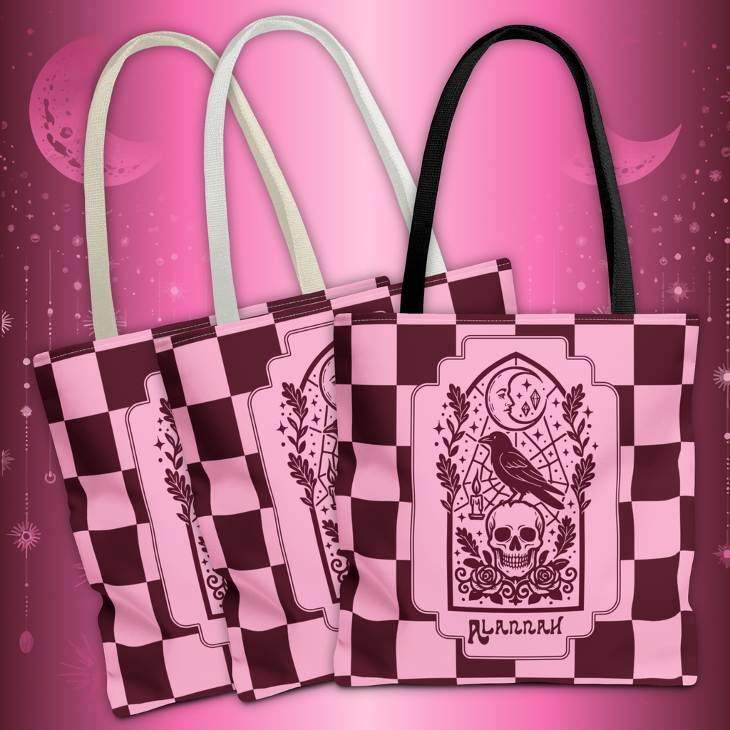 Gothic Raven and Skull Checkerboard Tote Bag - Personalizable Pink Retro Goth Carryall