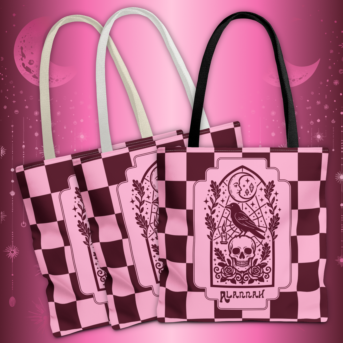 Gothic Raven and Skull Checkerboard Tote Bag - Personalizable Pink Retro Goth Carryall