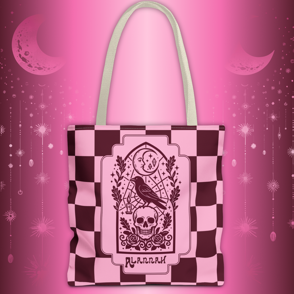 Gothic Raven and Skull Checkerboard Tote Bag - Personalizable Pink Retro Goth Carryall