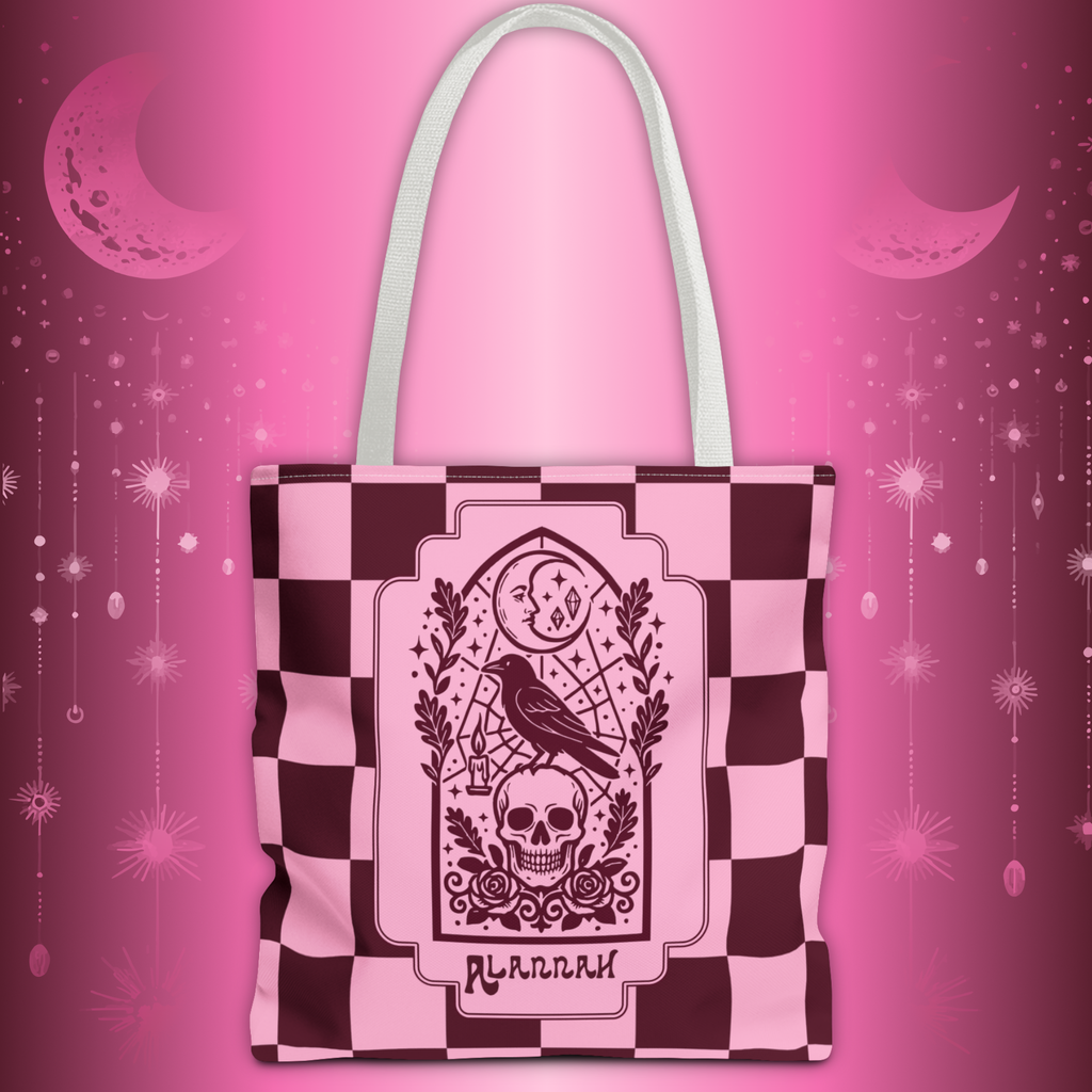 Gothic Raven and Skull Checkerboard Tote Bag - Personalizable Pink Retro Goth Carryall