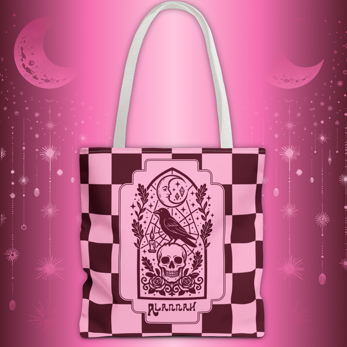 Gothic Raven and Skull Checkerboard Tote Bag - Personalizable Pink Retro Goth Carryall