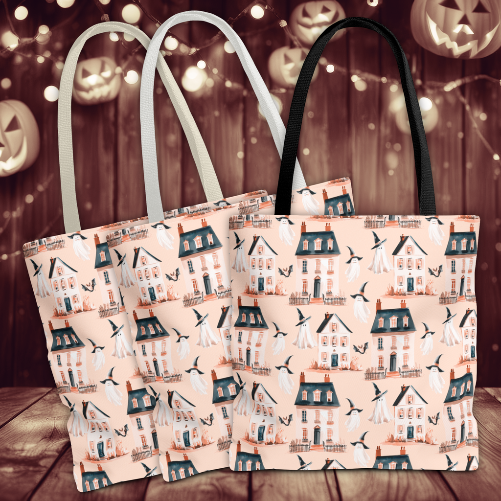 Spooky Cottage Pattern Tote -Haunted Village Ghosts and Houses Bag