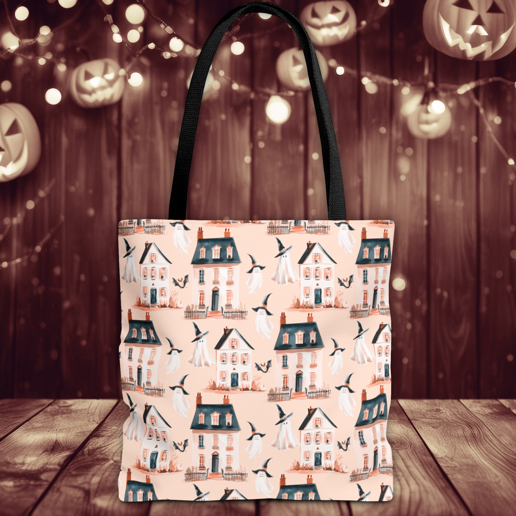 Spooky Cottage Pattern Tote -Haunted Village Ghosts and Houses Bag