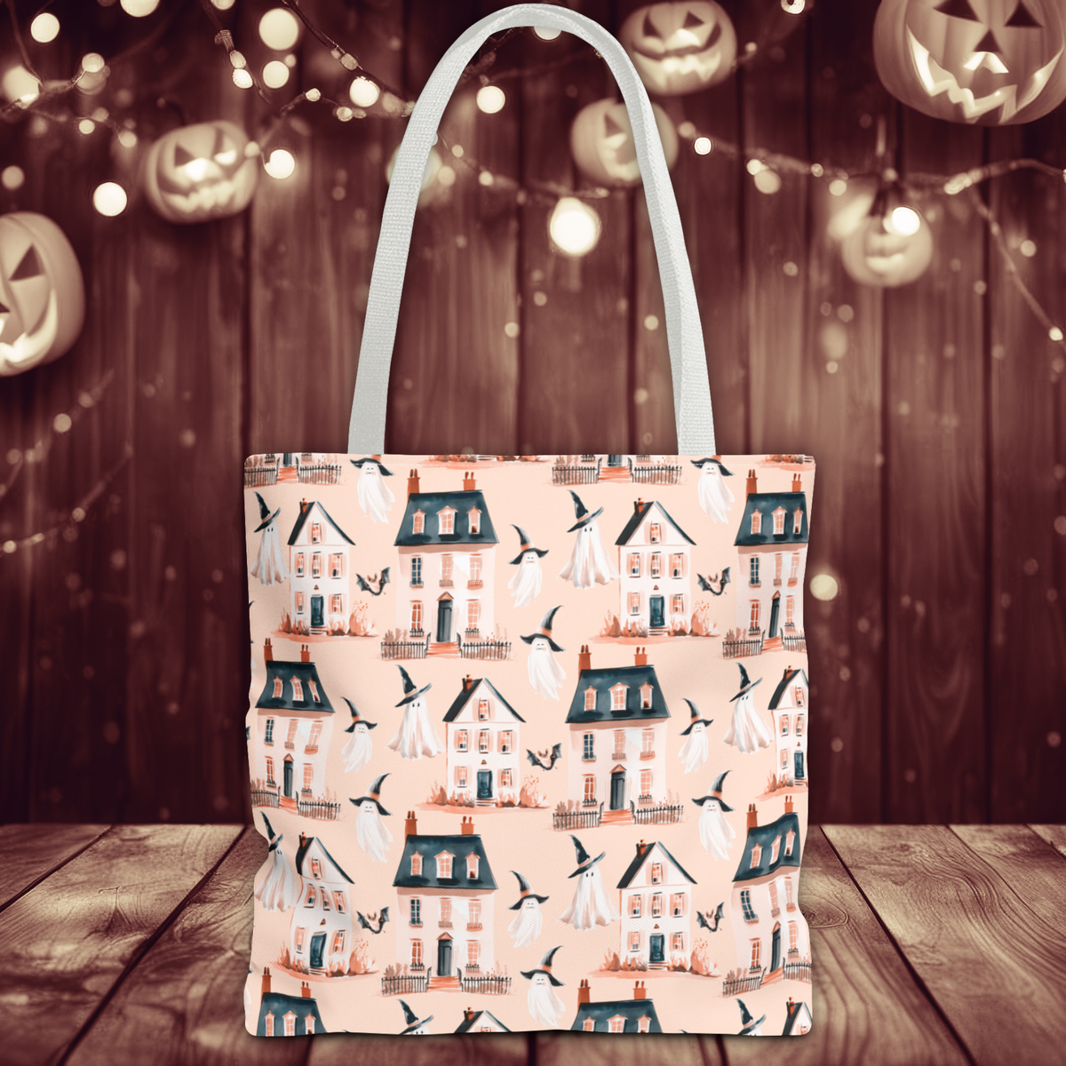 Spooky Cottage Pattern Tote -Haunted Village Ghosts and Houses Bag