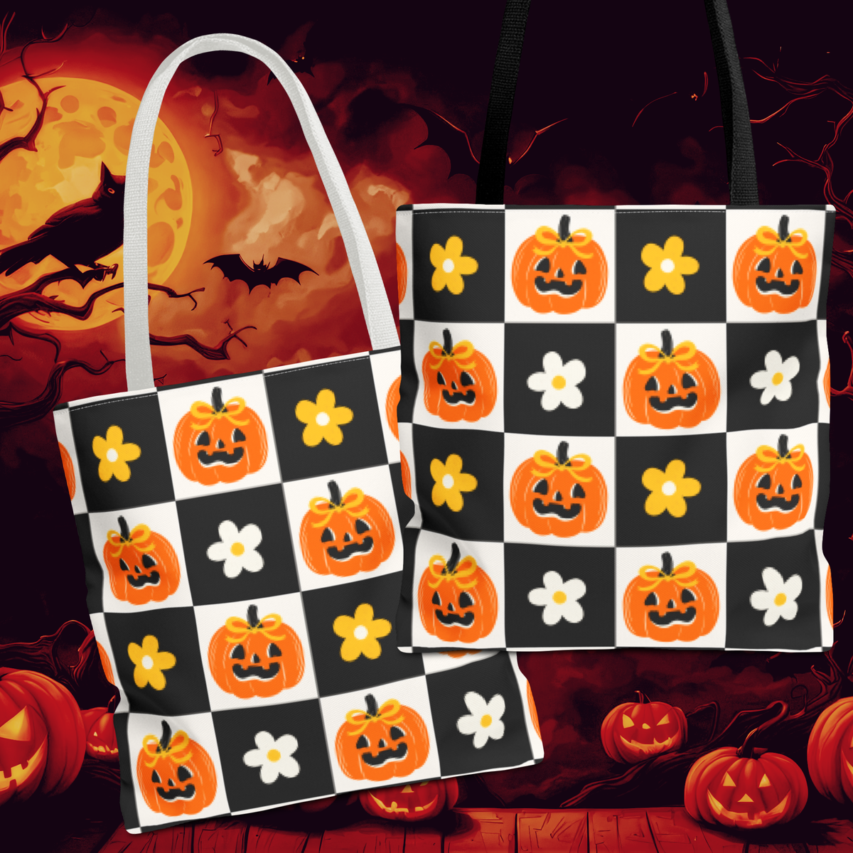 Coquette Pumpkin and Daisy Checkerboard Tote Bag - Cute Jack O Lantern Carryall