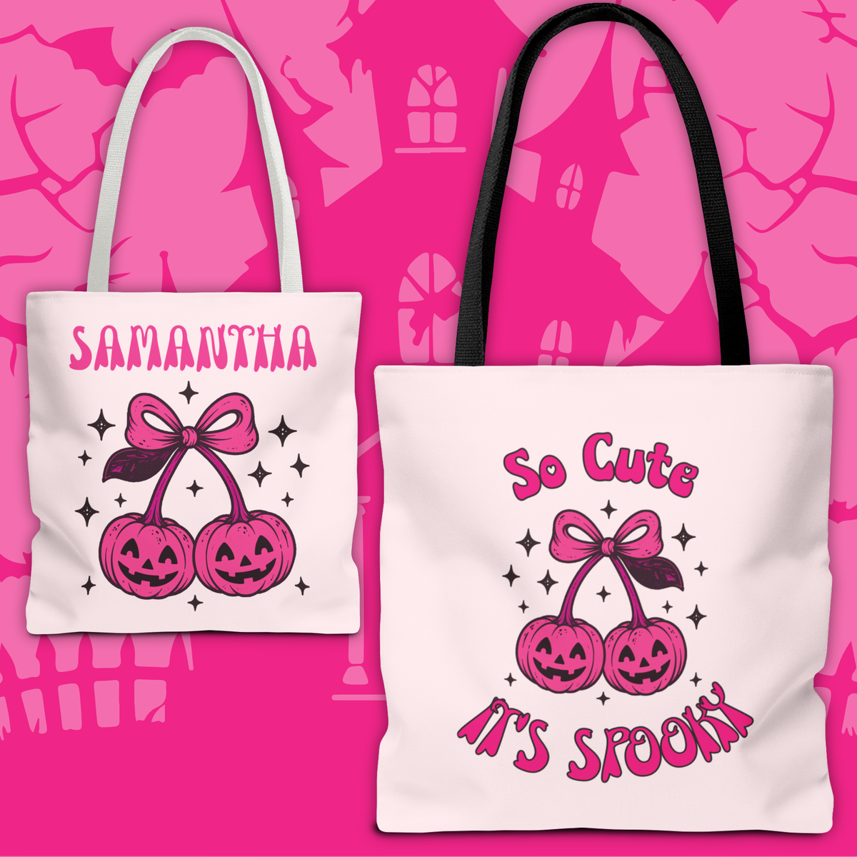 Personalized Halloween Tote - Pink Pumpkin Cherries "So Cute It's Spooky" Trick or Treat Bag