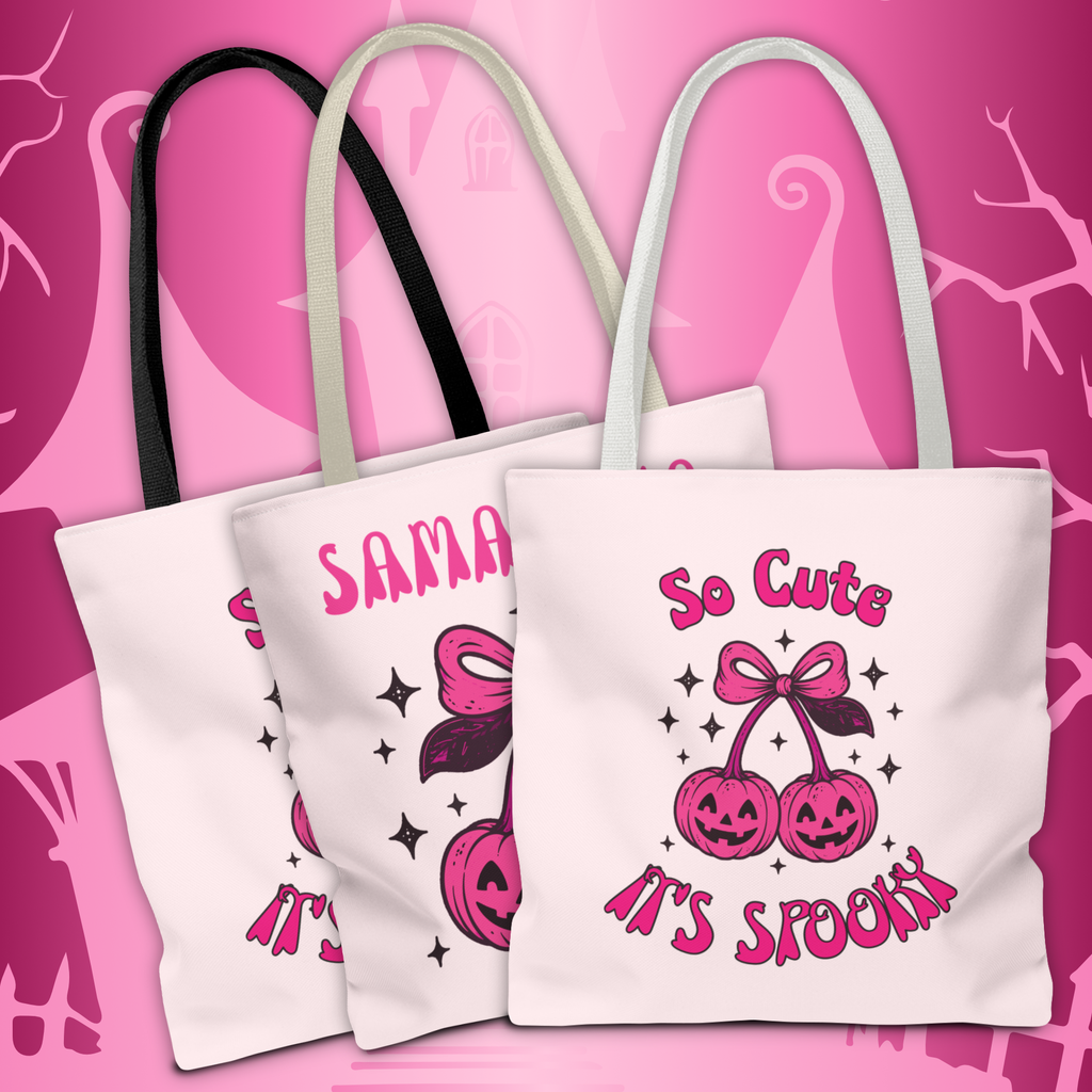 Personalized Halloween Tote - Pink Pumpkin Cherries "So Cute It's Spooky" Trick or Treat Bag