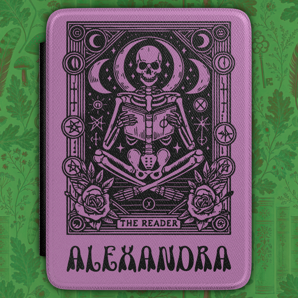 Kindle Case — 'The Reader' Tarot Skeleton Black & White Personalized Cover