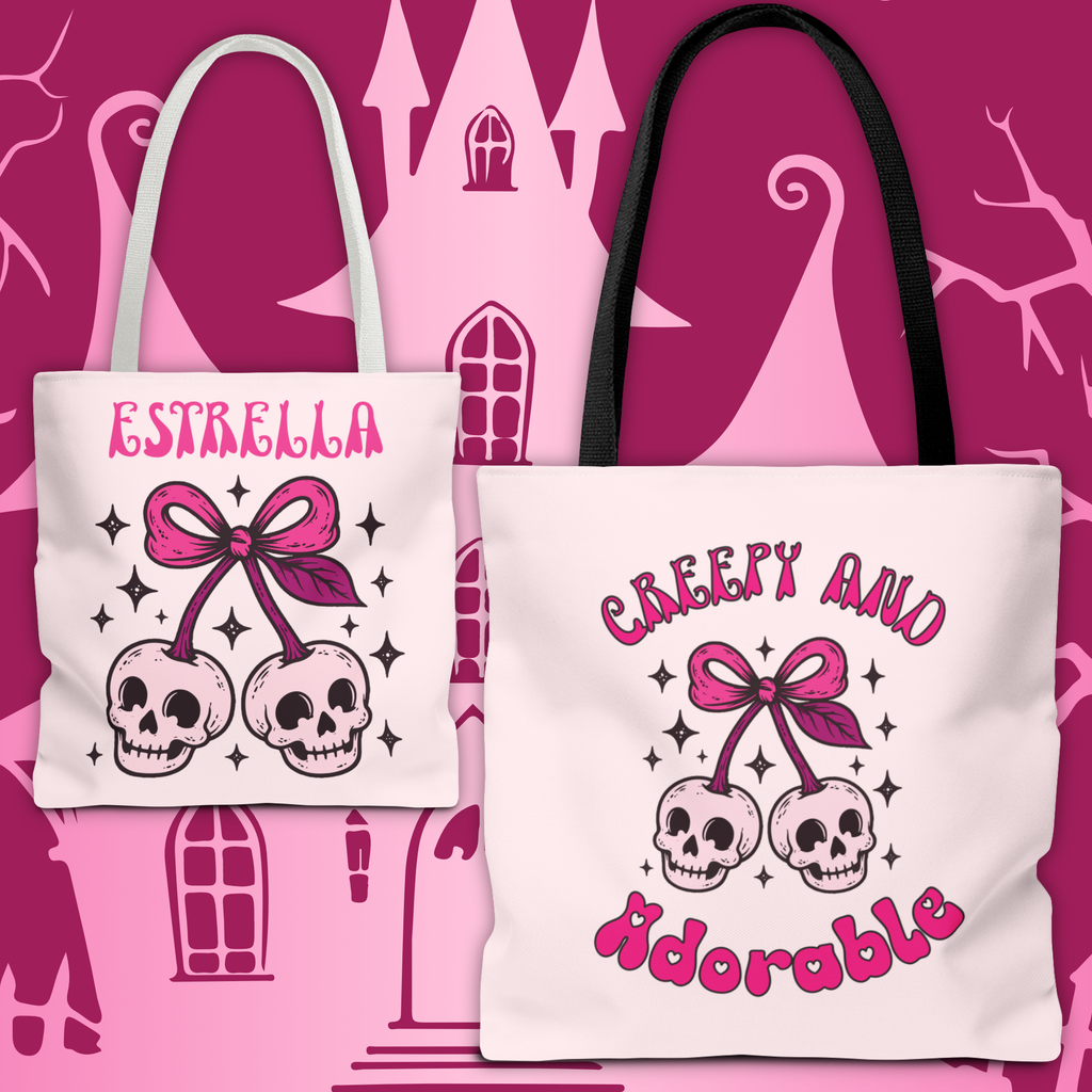 Personalized 'Creepy and Adorable' Pink Skull Cherries Tote Bag - Custom Trick-or-Treat Keepsake