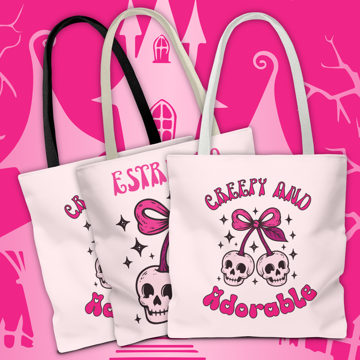 Personalized 'Creepy and Adorable' Pink Skull Cherries Tote Bag - Custom Trick-or-Treat Keepsake