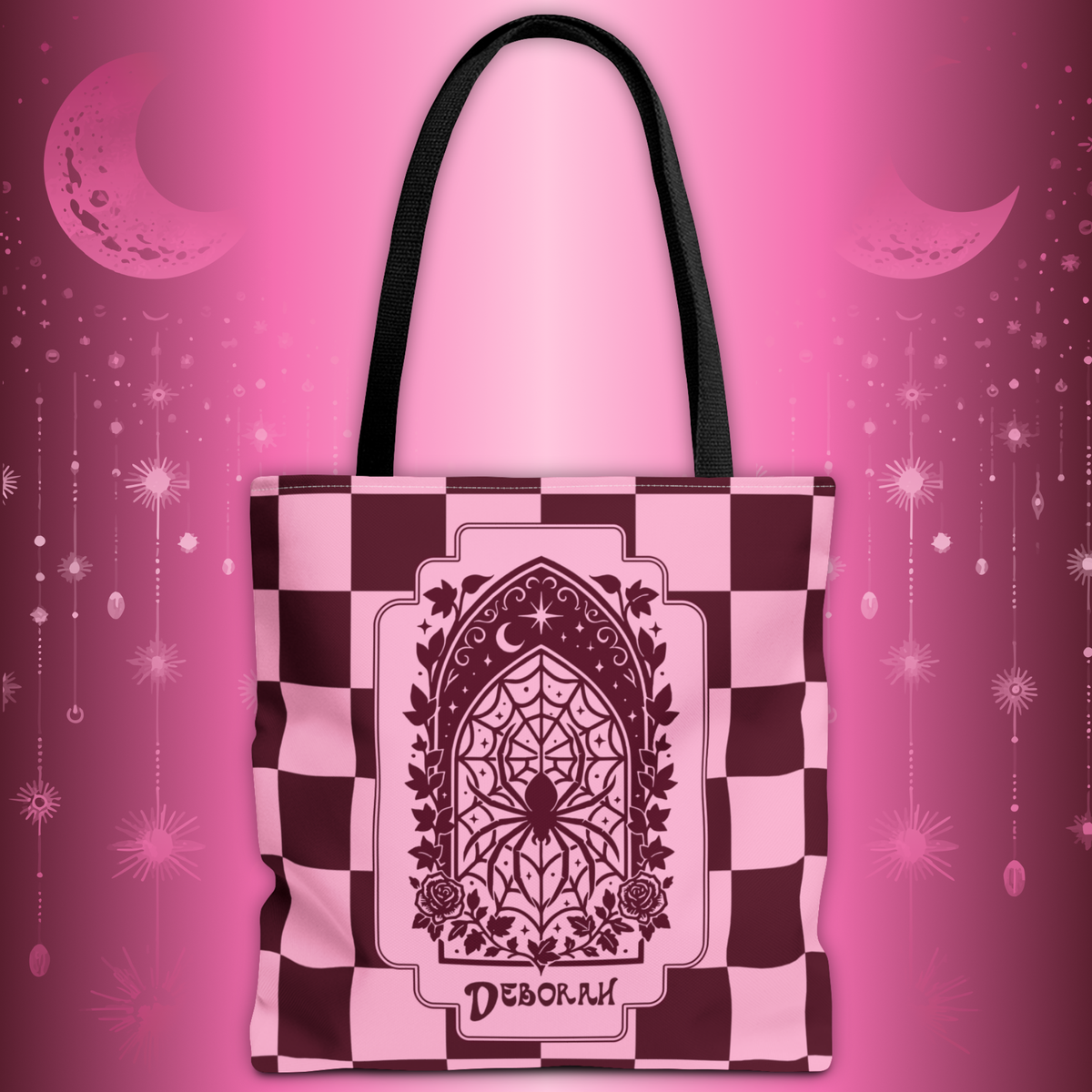 Personalizable Pink and Burgundy Retro Goth Tote with Mystic Spider Stained Glass Design