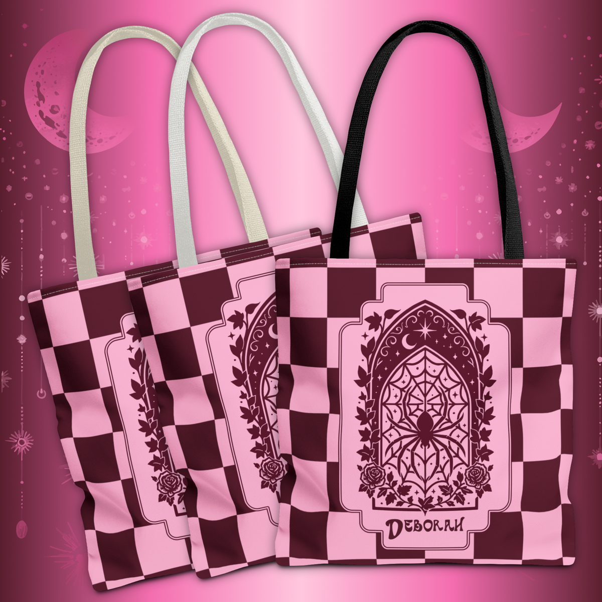 Personalizable Pink and Burgundy Retro Goth Tote with Mystic Spider Stained Glass Design