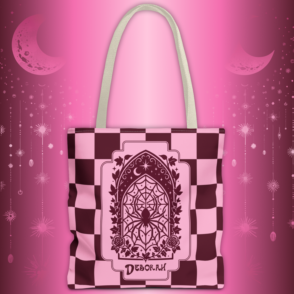Personalizable Pink and Burgundy Retro Goth Tote with Mystic Spider Stained Glass Design