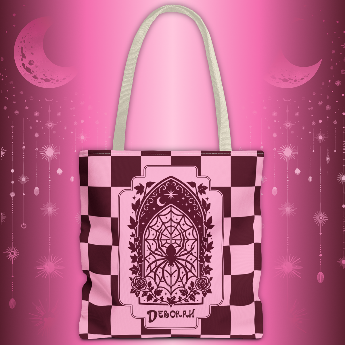 Personalizable Pink and Burgundy Retro Goth Tote with Mystic Spider Stained Glass Design