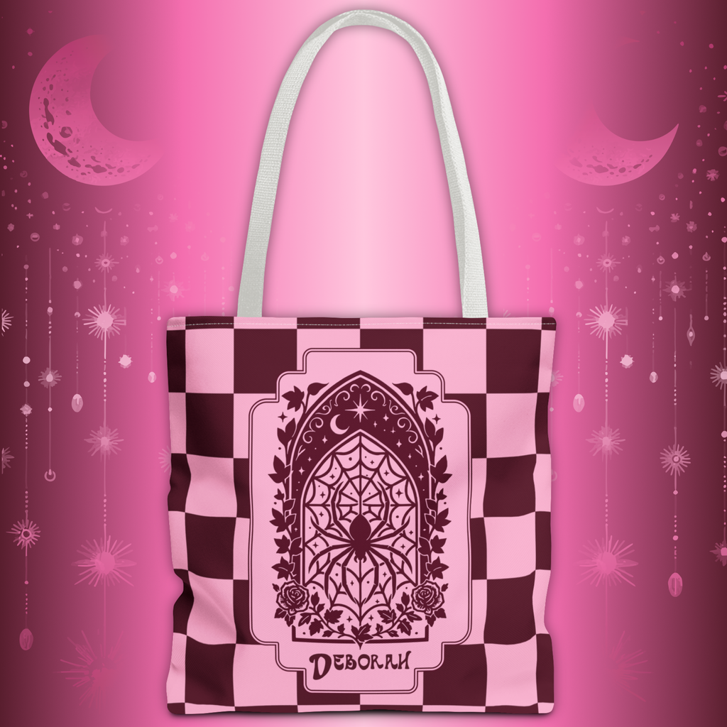 Personalizable Pink and Burgundy Retro Goth Tote with Mystic Spider Stained Glass Design
