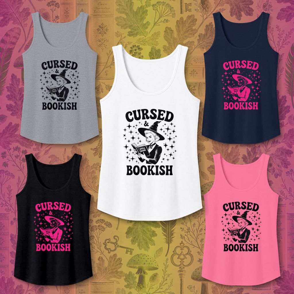 Cursed and Bookish Tank Top - Retro Witchy Book Lover Graphic Tank