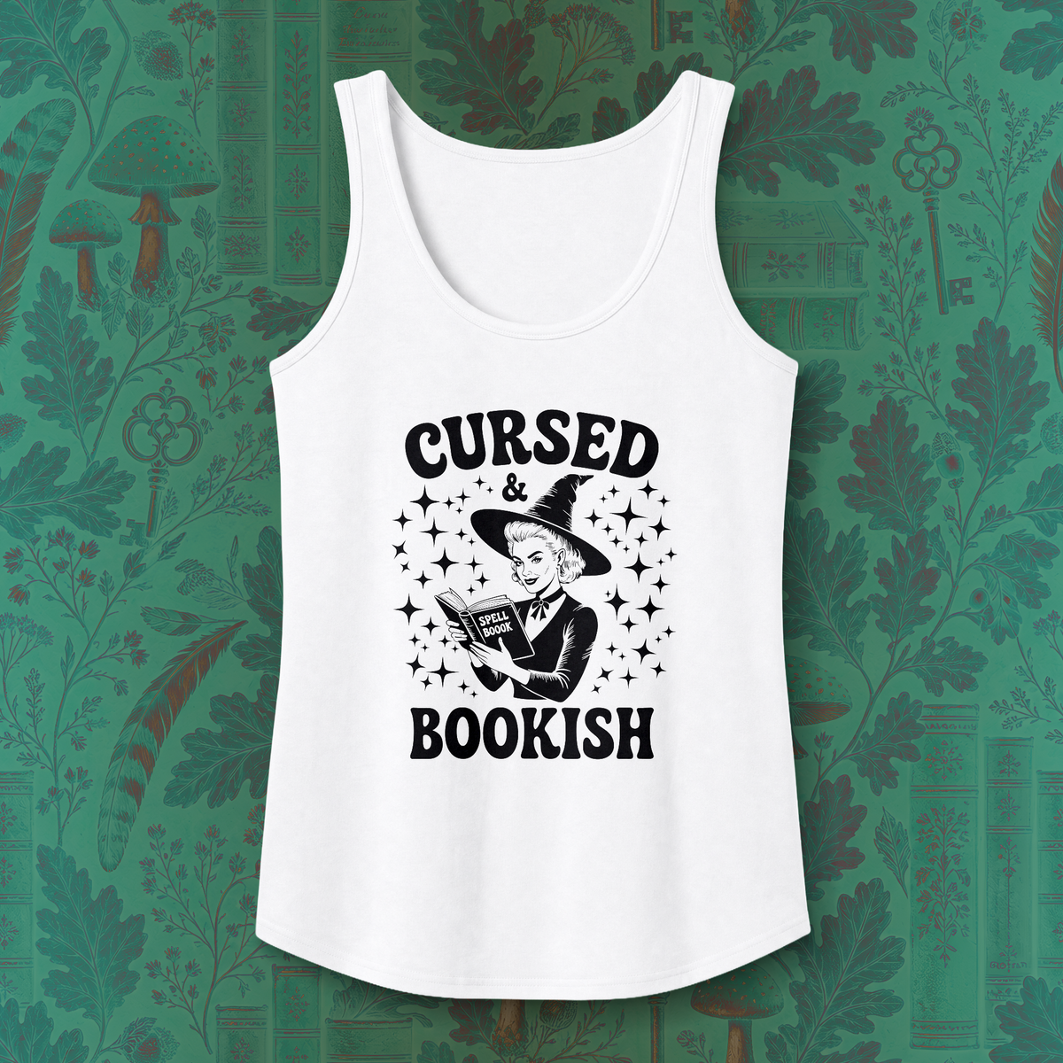 Cursed and Bookish Tank Top - Retro Witchy Book Lover Graphic Tank
