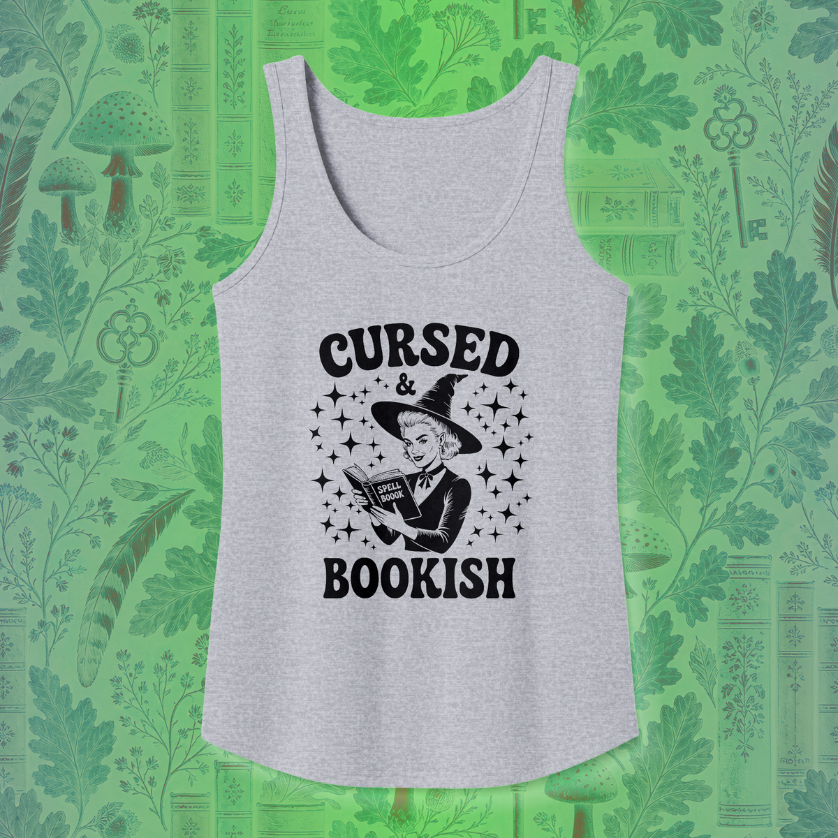 Cursed and Bookish Tank Top - Retro Witchy Book Lover Graphic Tank