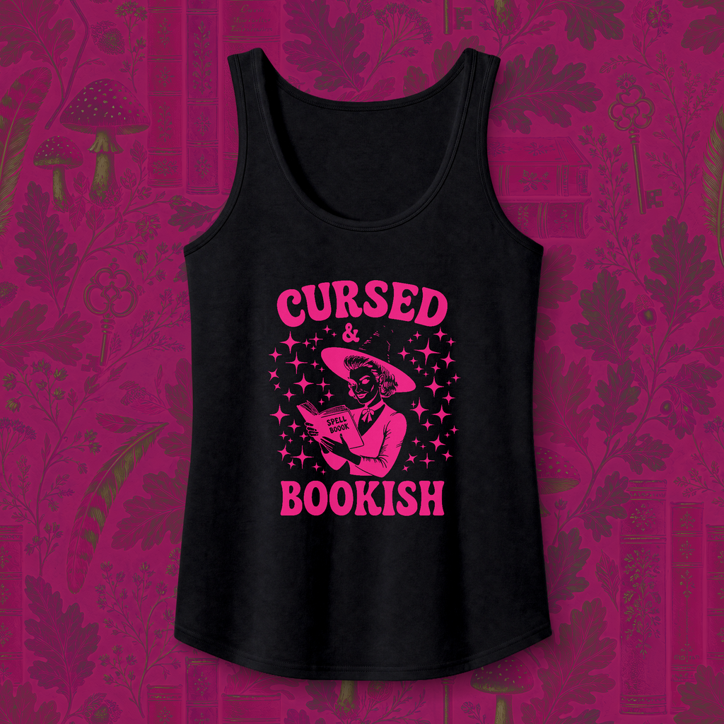 Cursed and Bookish Tank Top - Retro Witchy Book Lover Graphic Tank