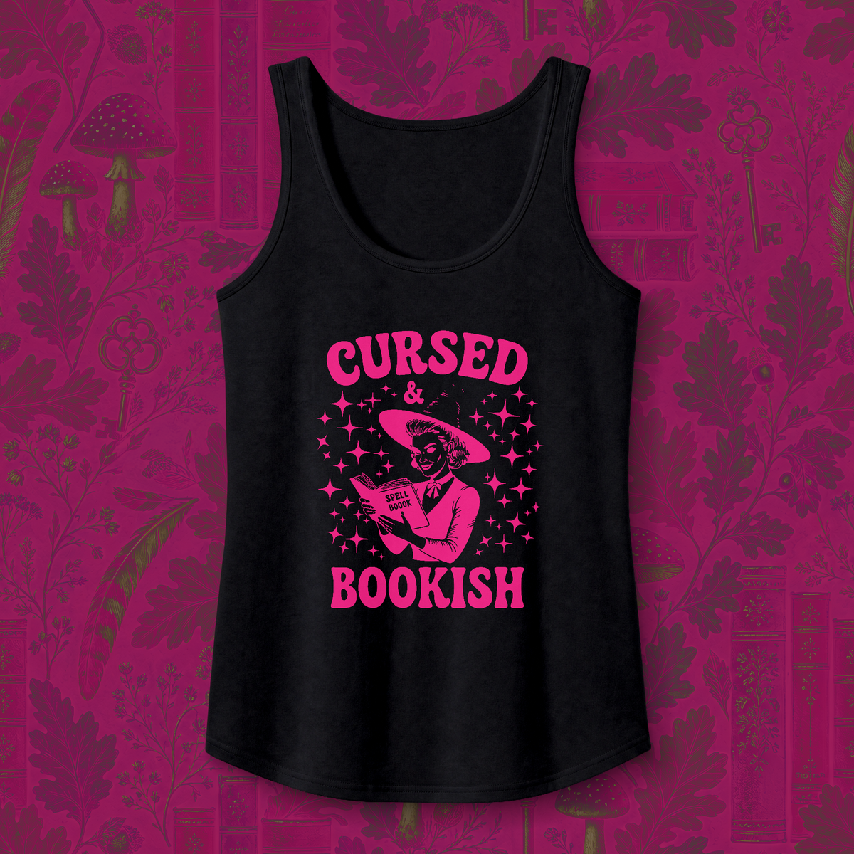 Cursed and Bookish Tank Top - Retro Witchy Book Lover Graphic Tank