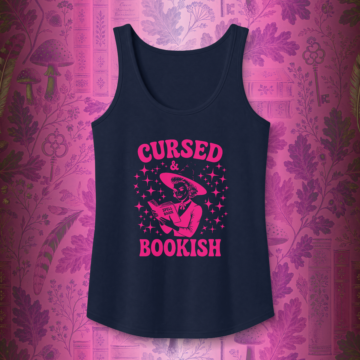 Cursed and Bookish Tank Top - Retro Witchy Book Lover Graphic Tank