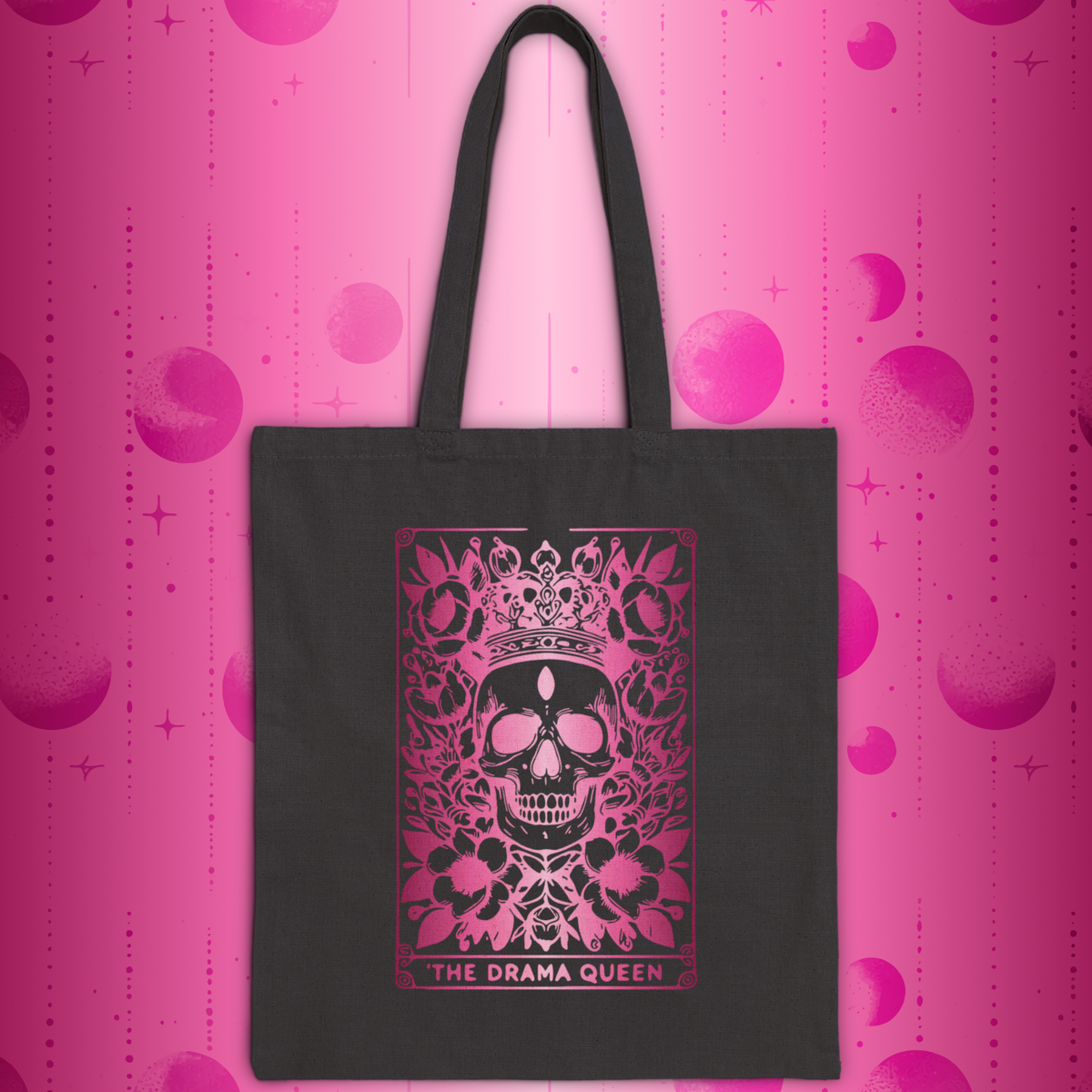 "The Drama Queen" Tarot Bag -Pink Gradient Floral Skull Cotton Canvas Tote
