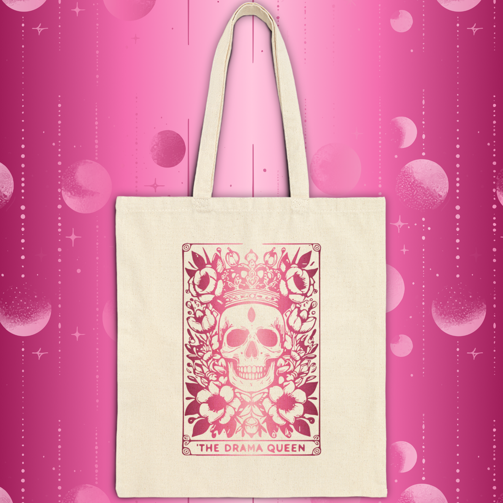"The Drama Queen" Tarot Bag -Pink Gradient Floral Skull Cotton Canvas Tote