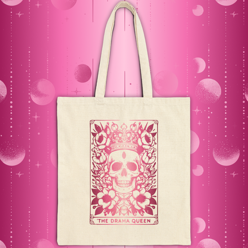 "The Drama Queen" Tarot Bag -Pink Gradient Floral Skull Cotton Canvas Tote