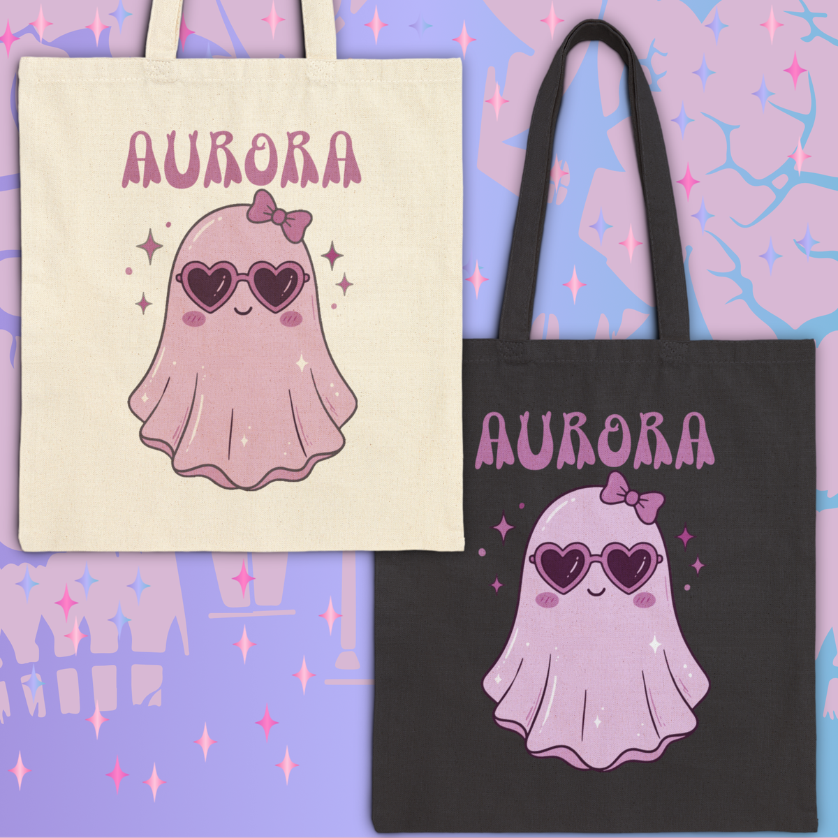 Purple Cute Ghost Trick-or-Treat Tote Bag — Personalizable Halloween Canvas Tote