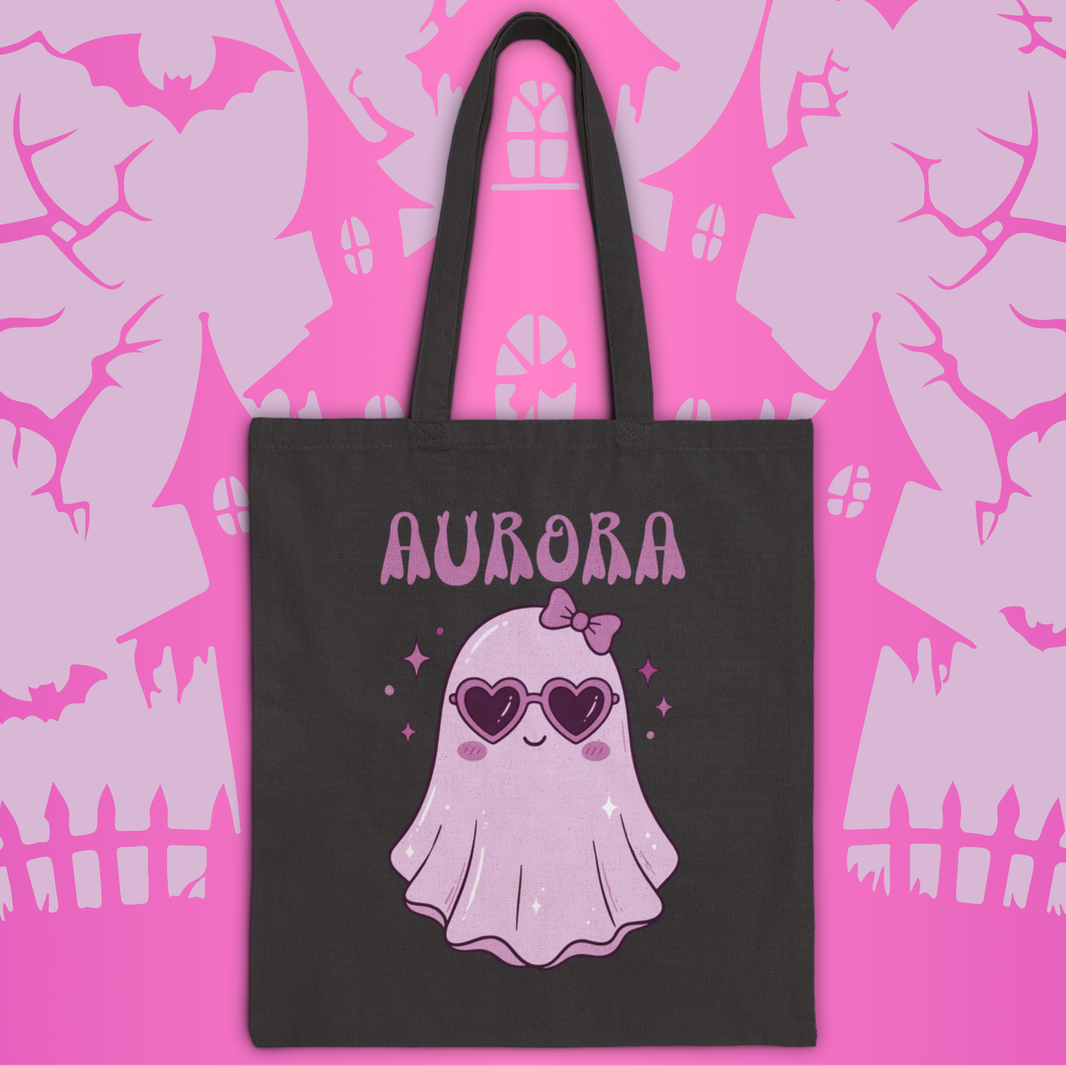 Purple Cute Ghost Trick-or-Treat Tote Bag — Personalizable Halloween Canvas Tote