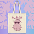 Purple Cute Ghost Trick-or-Treat Tote Bag — Personalizable Halloween Canvas Tote