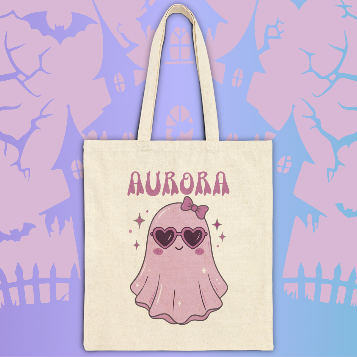 Purple Cute Ghost Trick-or-Treat Tote Bag — Personalizable Halloween Canvas Tote