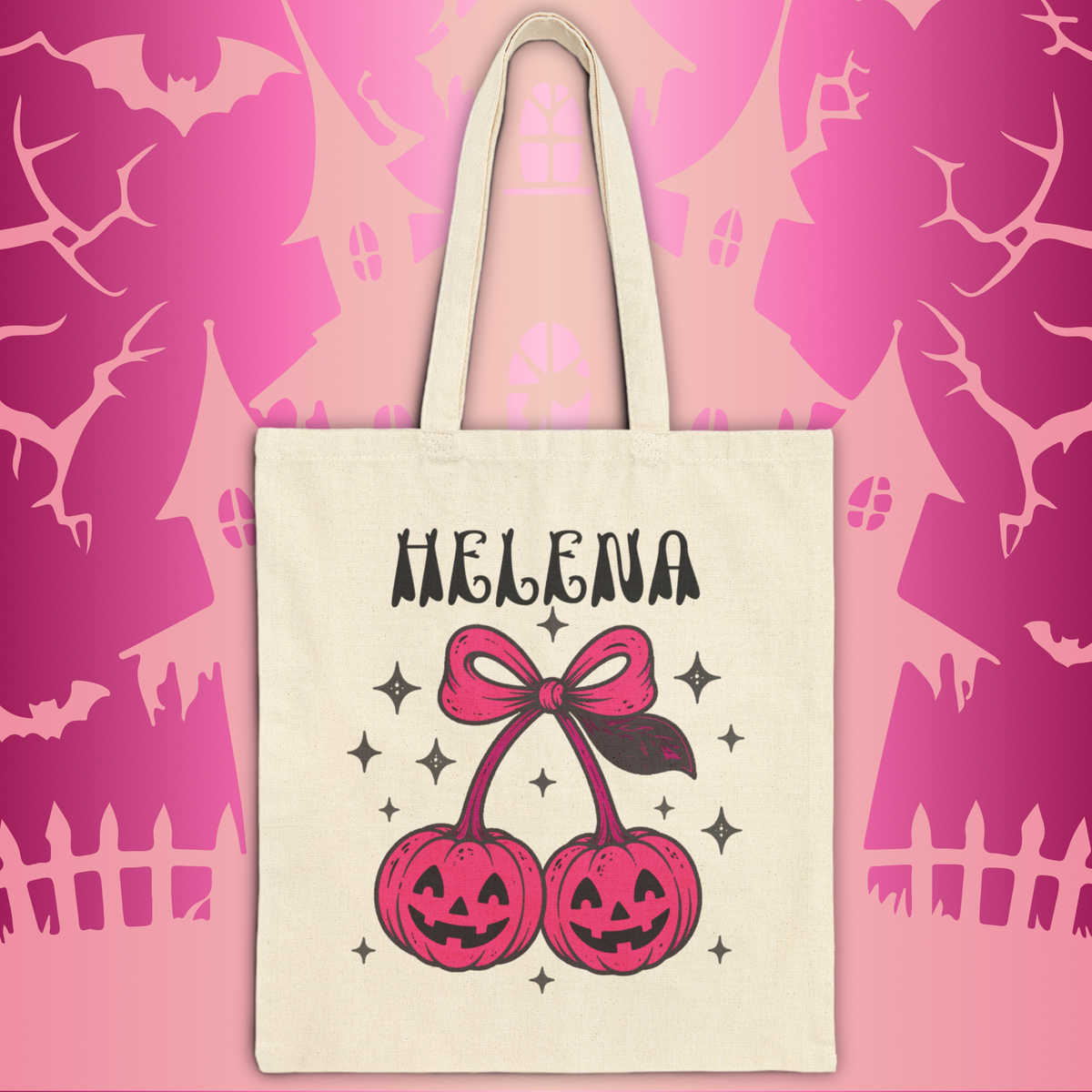 Spooky Cherry Jack-O'-Lantern Trick or Treat Bag - Cute Personalized Halloween Canvas Tote