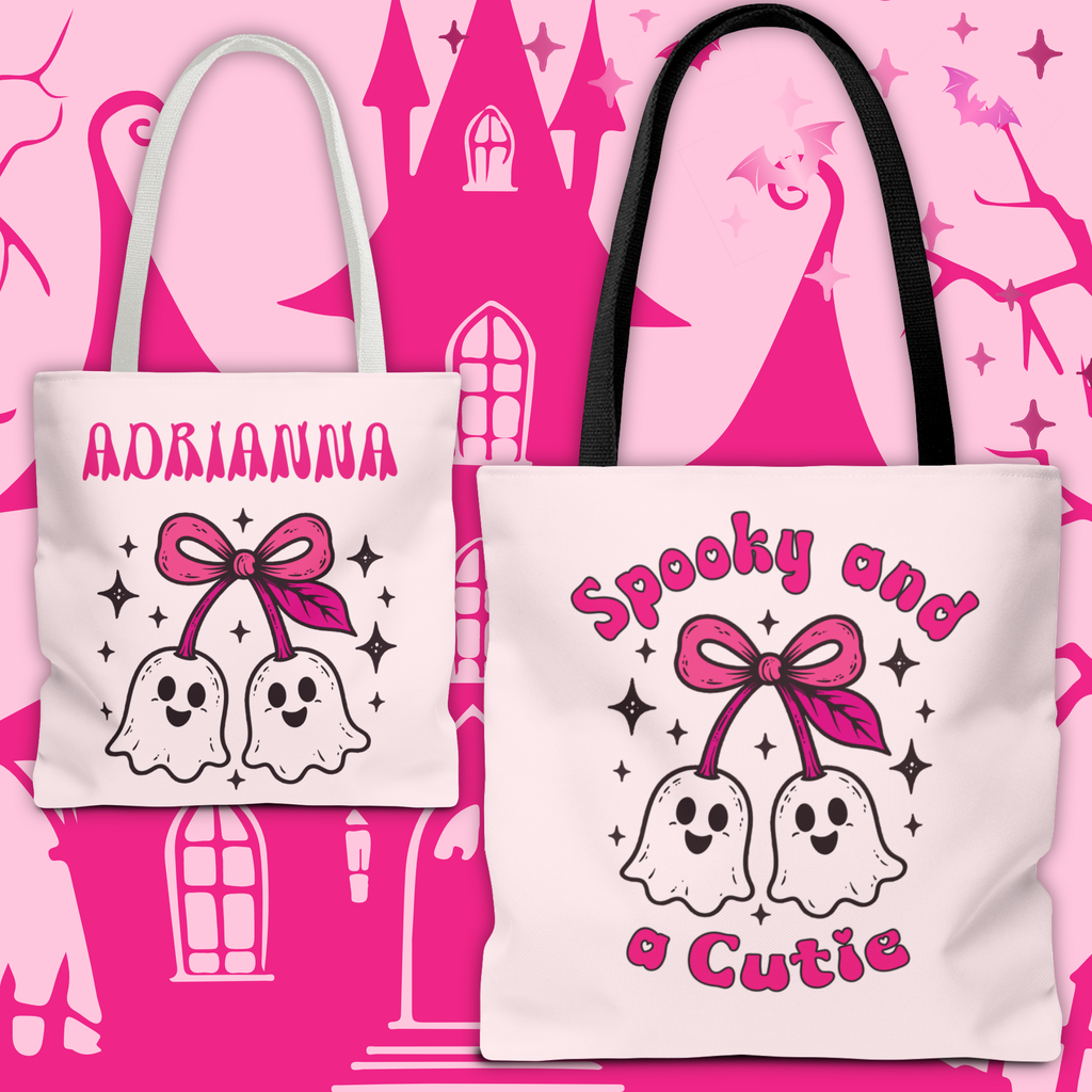 Pink Cute Ghost Cherries Tote Bag - "Spooky and a Cutie" Personalized Halloween Tote