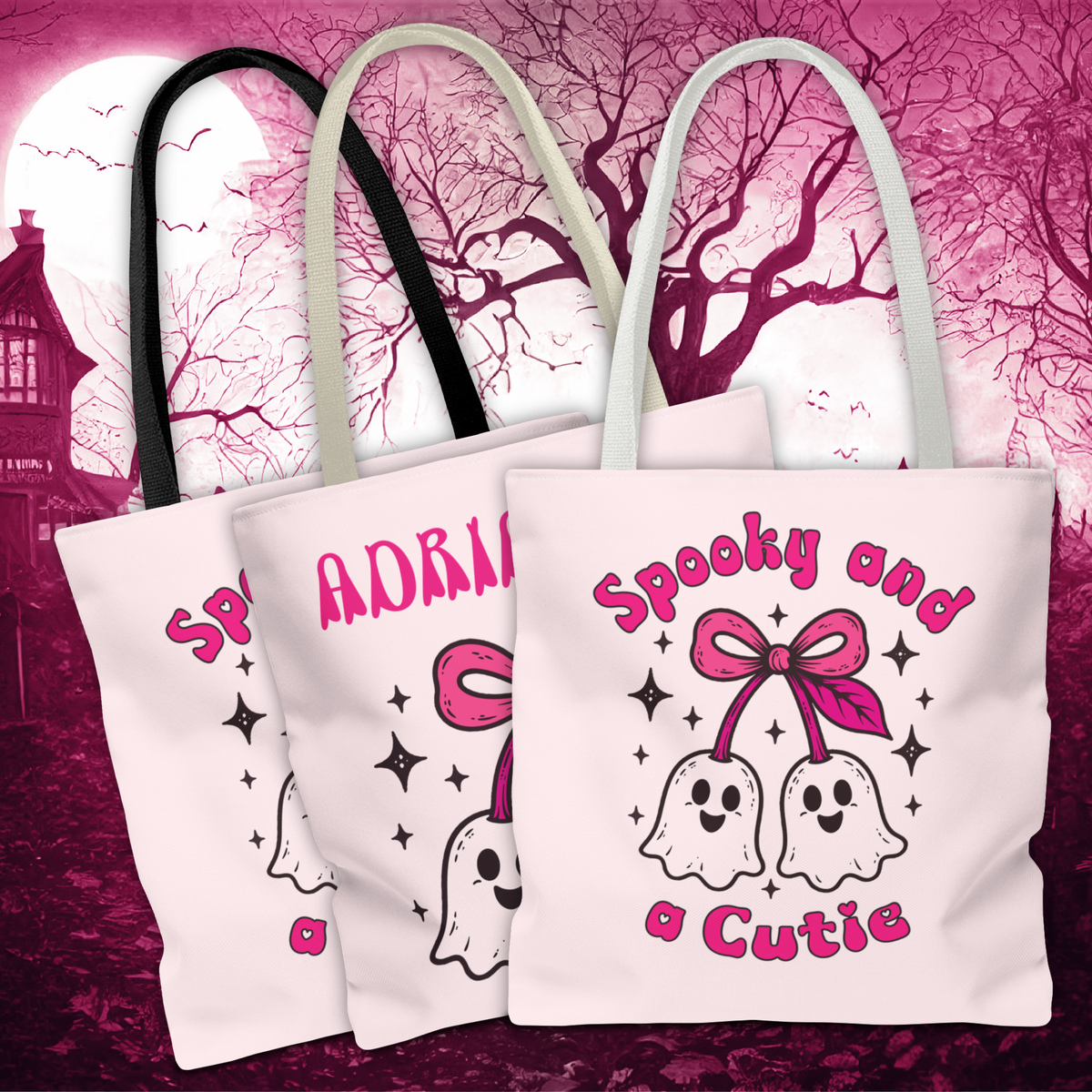 Pink Cute Ghost Cherries Tote Bag - "Spooky and a Cutie" Personalized Halloween Tote