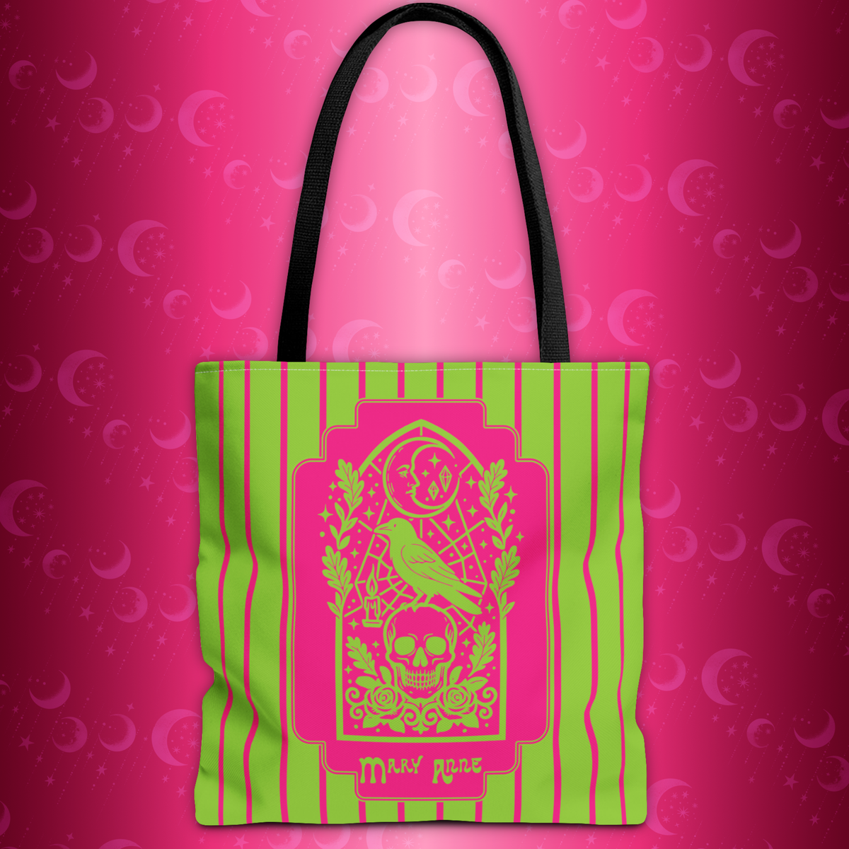 Neon Gothic Raven and Skull Tote Bag - Personalizable Pink and Green Retro Goth Carryall