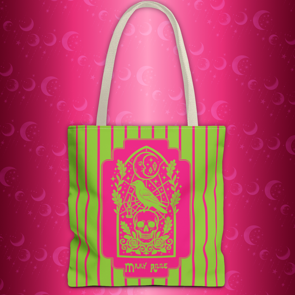 Neon Gothic Raven and Skull Tote Bag - Personalizable Pink and Green Retro Goth Carryall