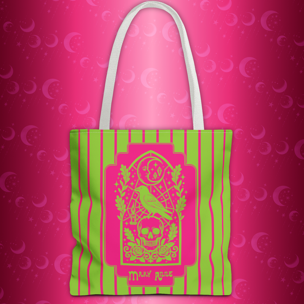 Neon Gothic Raven and Skull Tote Bag - Personalizable Pink and Green Retro Goth Carryall