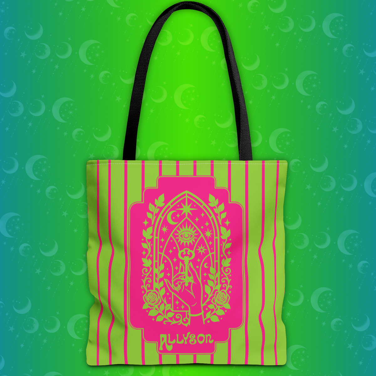 Personalizable Mystic Hand Neon Key Tote Bag -Retro Pink and Lime All-Over Print