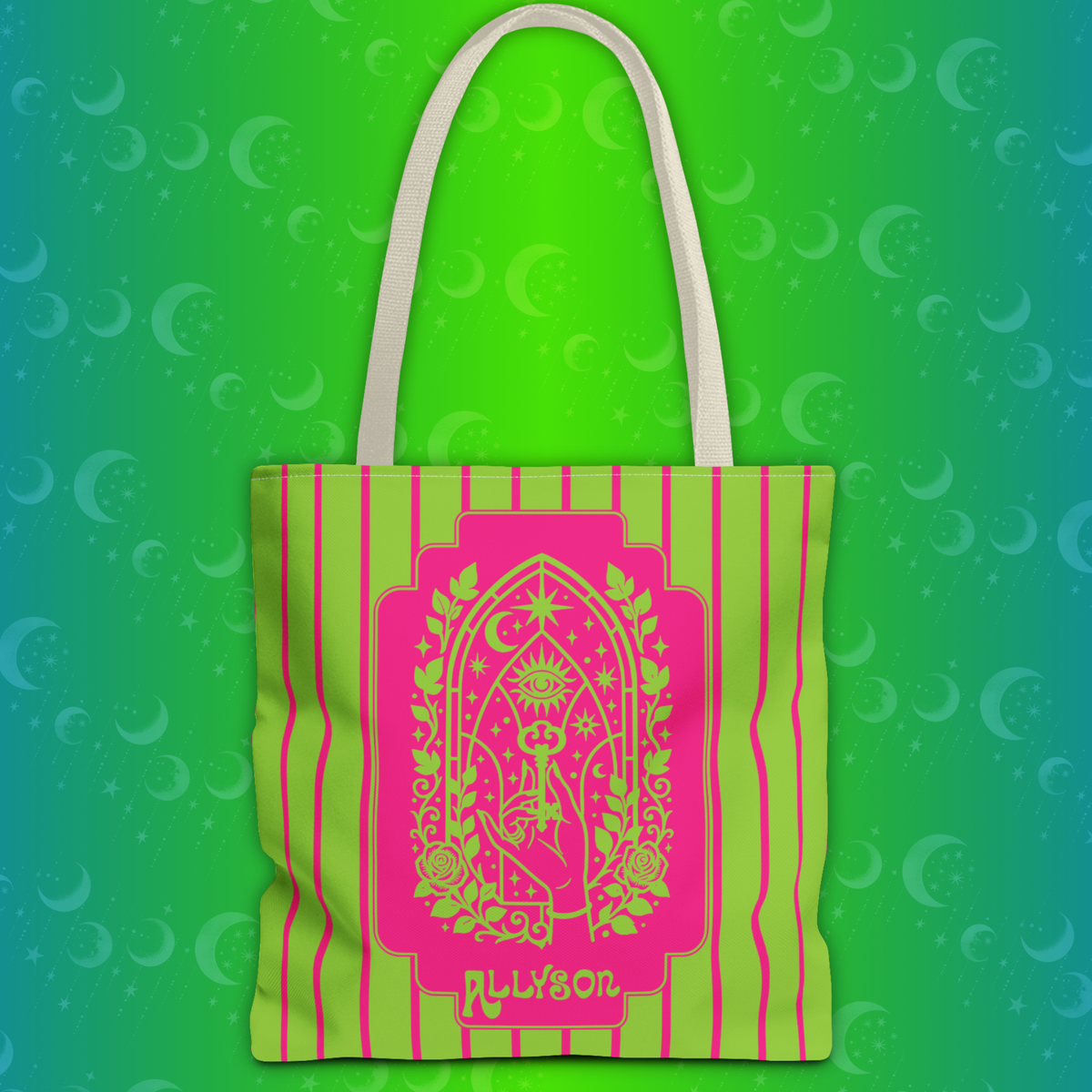 Personalizable Mystic Hand Neon Key Tote Bag -Retro Pink and Lime All-Over Print