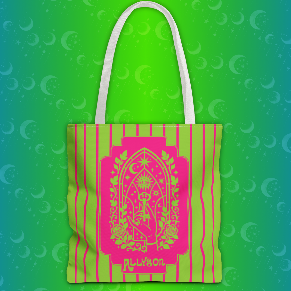 Personalizable Mystic Hand Neon Key Tote Bag -Retro Pink and Lime All-Over Print